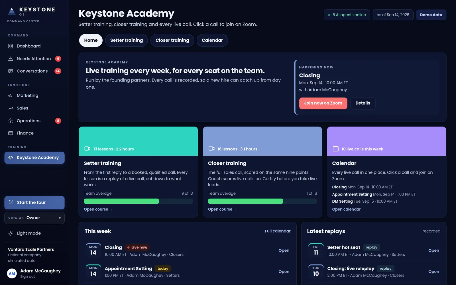 Keystone Academy screen with setter training, closer training and the weekly live call calendar